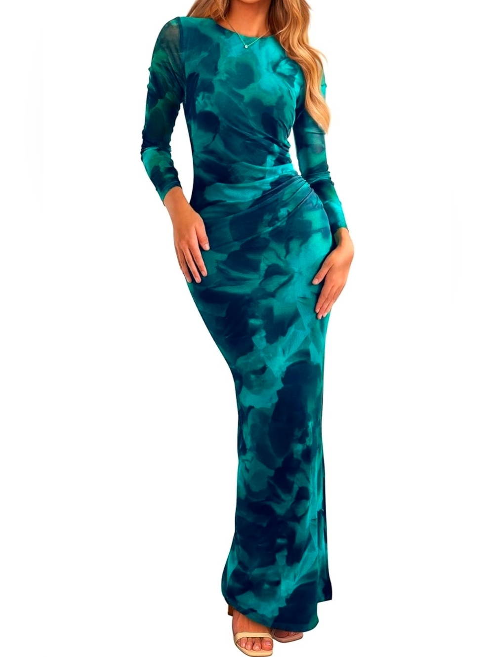 Teal Tie-Dye Long Sleeve Maxi Dress